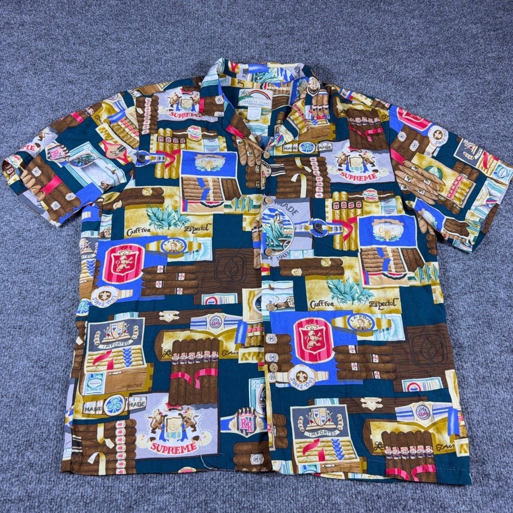Paradise Found Mens Hawaiian Shirt Cigar Label Print Medium